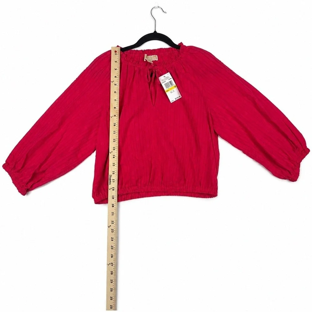 Michael Kors Deep Pink Clip Dot Blouse Long Sleeve Smocked Hem QT6410NL Womens M